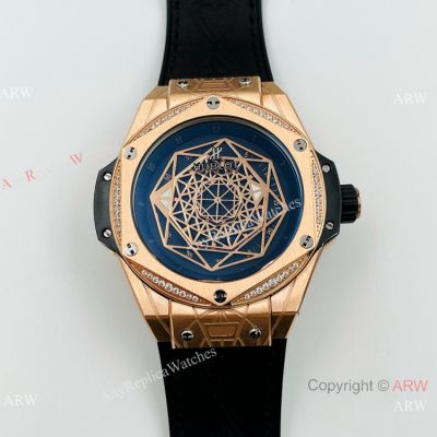Hublot Swiss Replica Watches Big Bang Sang Bleu Rose Gold Diamond Bezel Watches 42mm